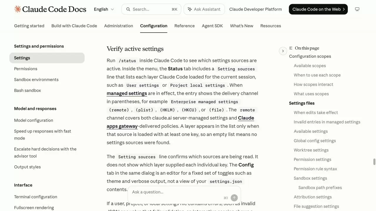 Claude Code 官方设置页说明使用 status 的 Setting sources 核验活动配置来源
