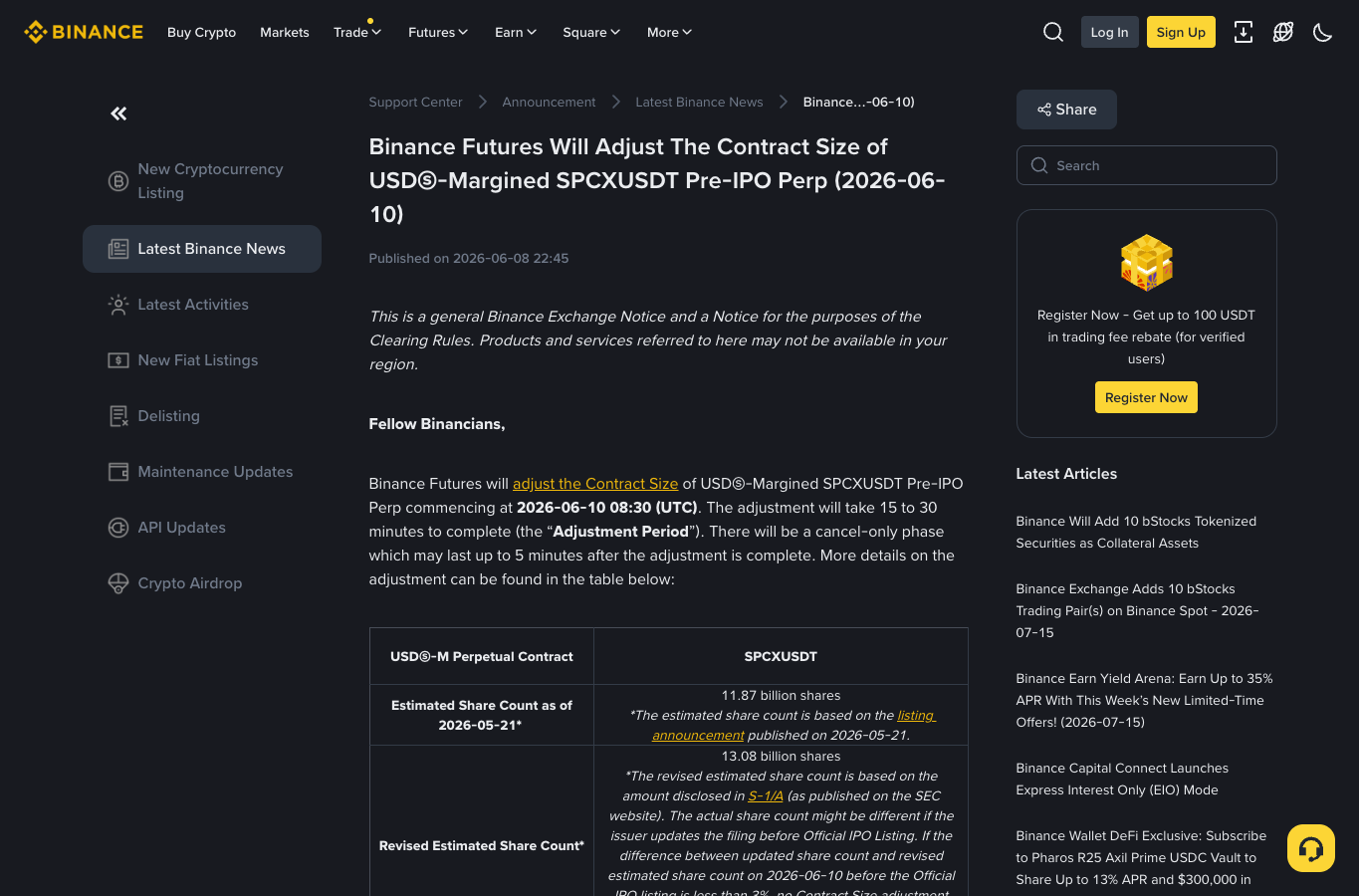 币安SPCXUSDT Pre-IPO Perp公告页面