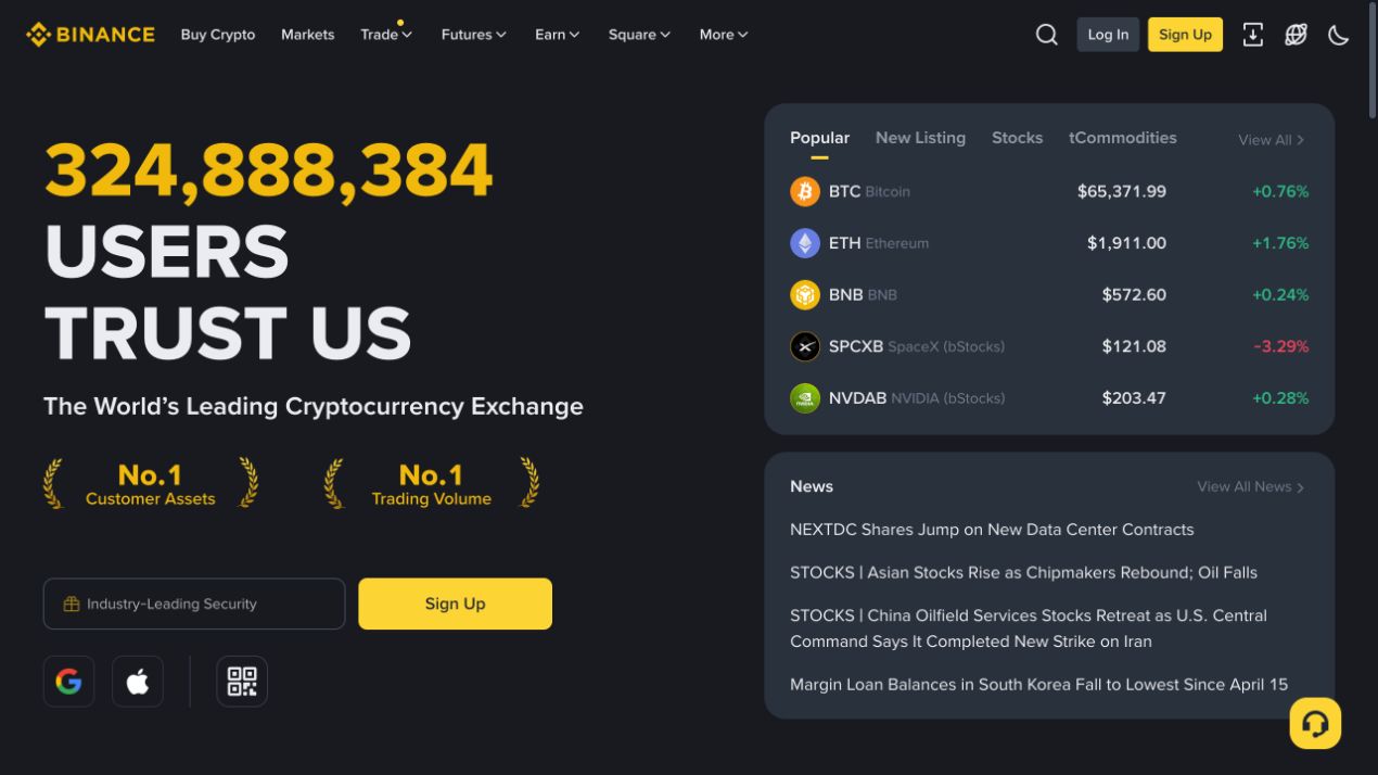 Binance 新版官网首页顶部显示 Buy Crypto、Markets、Trade 等导航和登录注册按钮