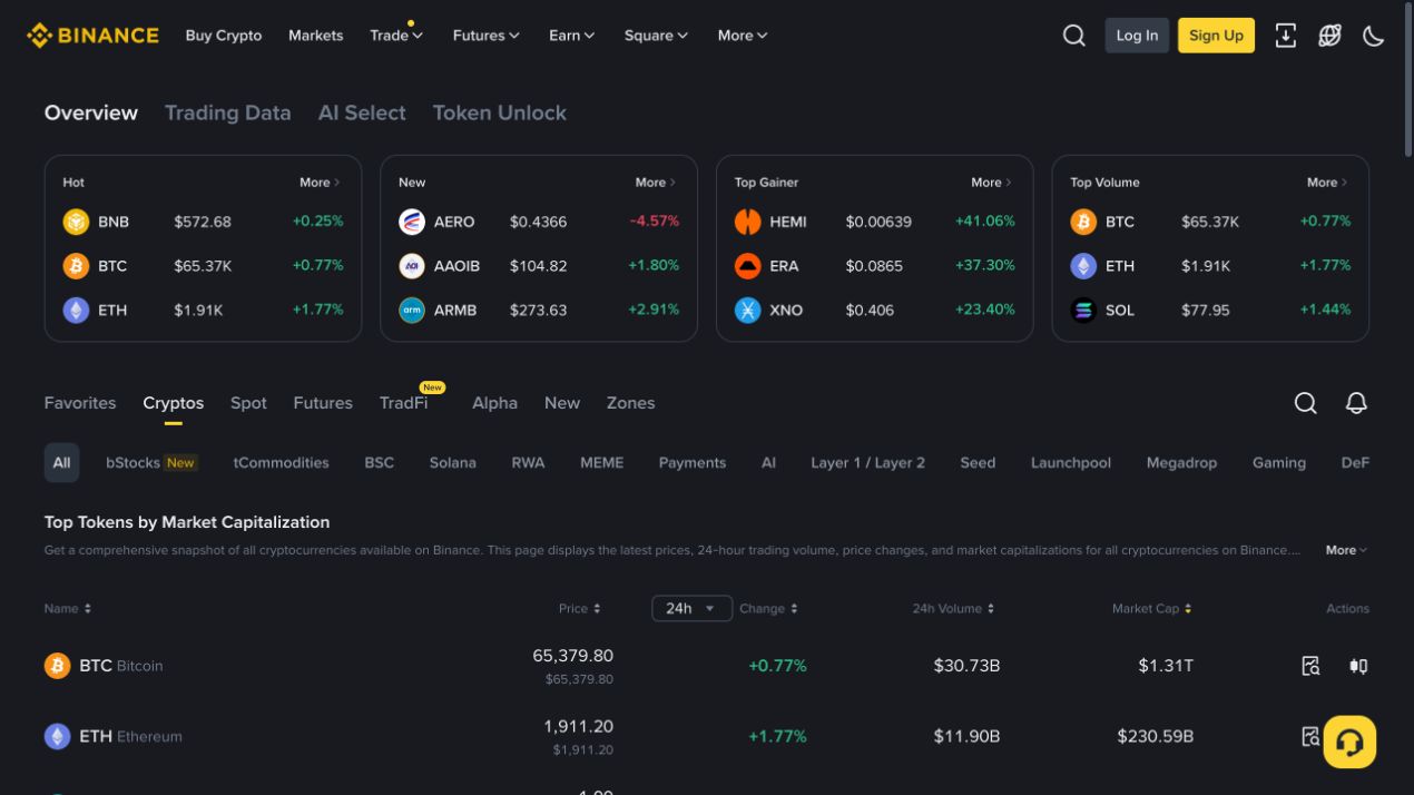 Binance Markets 行情总览显示热门币种、涨幅榜、成交量榜与币种分类