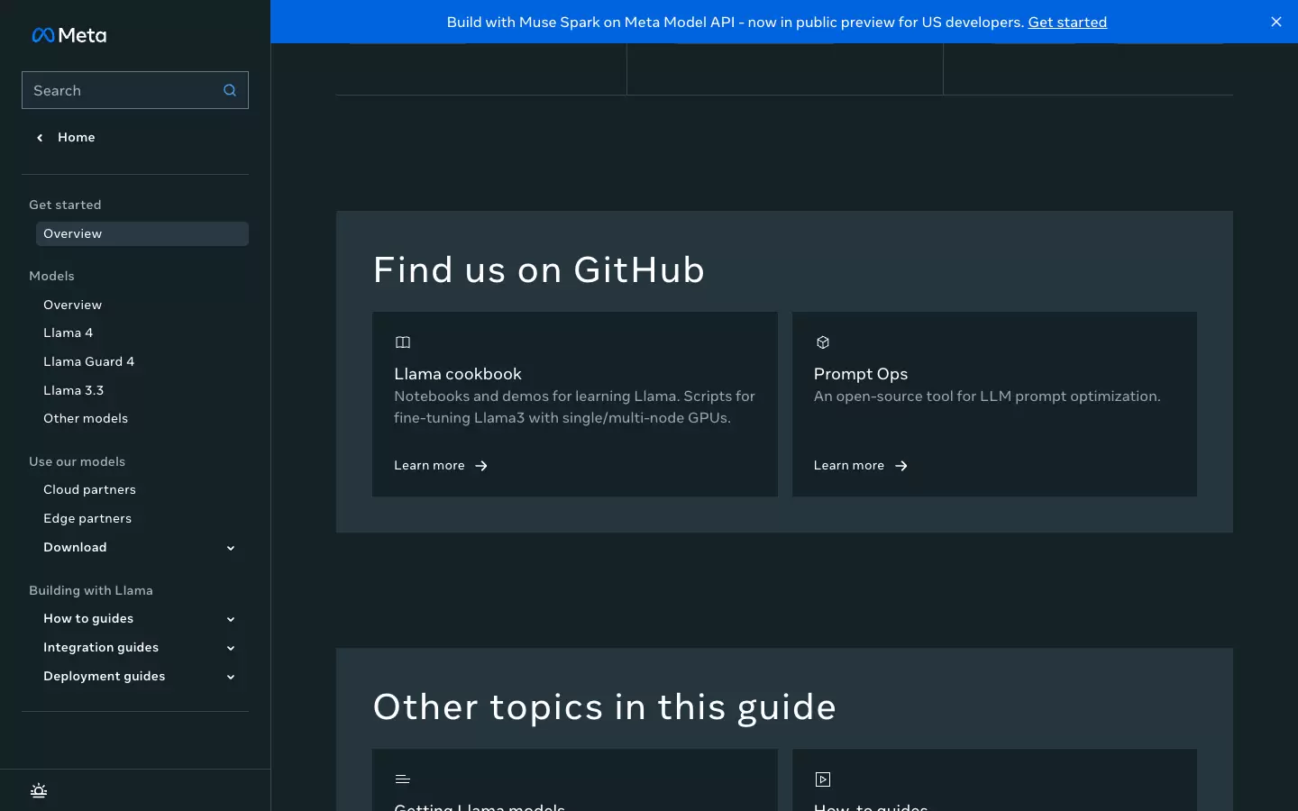 Meta Llama 文档 Find us on GitHub 区域，显示 Llama cookbook 和 Prompt Ops 两个官方资源卡片
