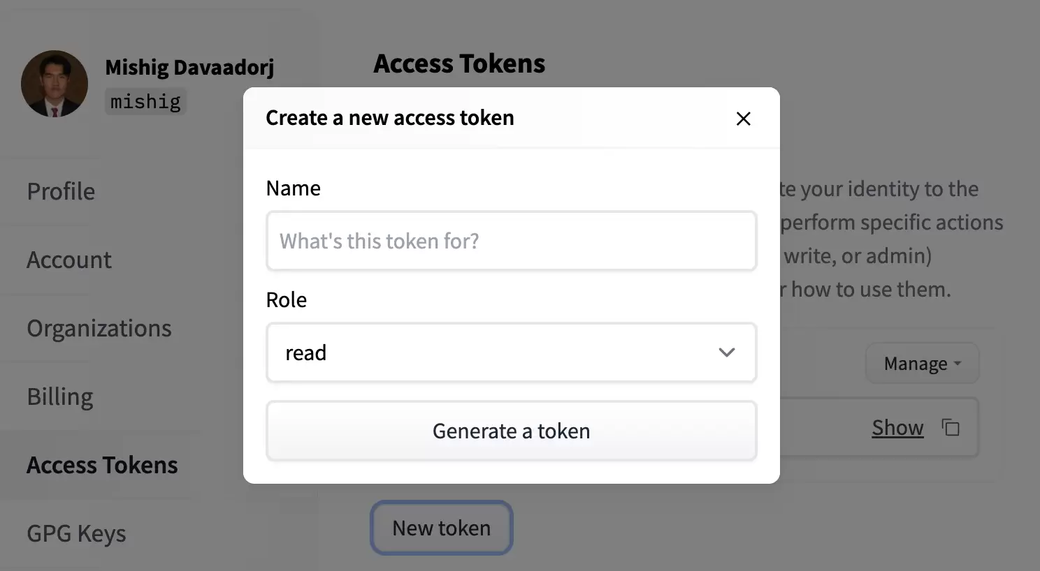 Hugging Face Create a new access token 对话框,包含 Name、Role 和 Generate a token