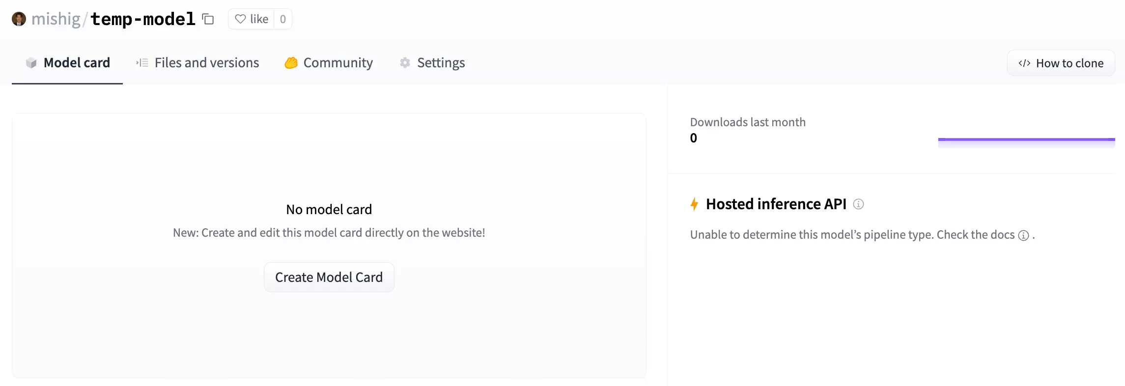 新建后的 Hugging Face 空模型仓库页面，显示 Model card、Files and versions、Community 和 Settings