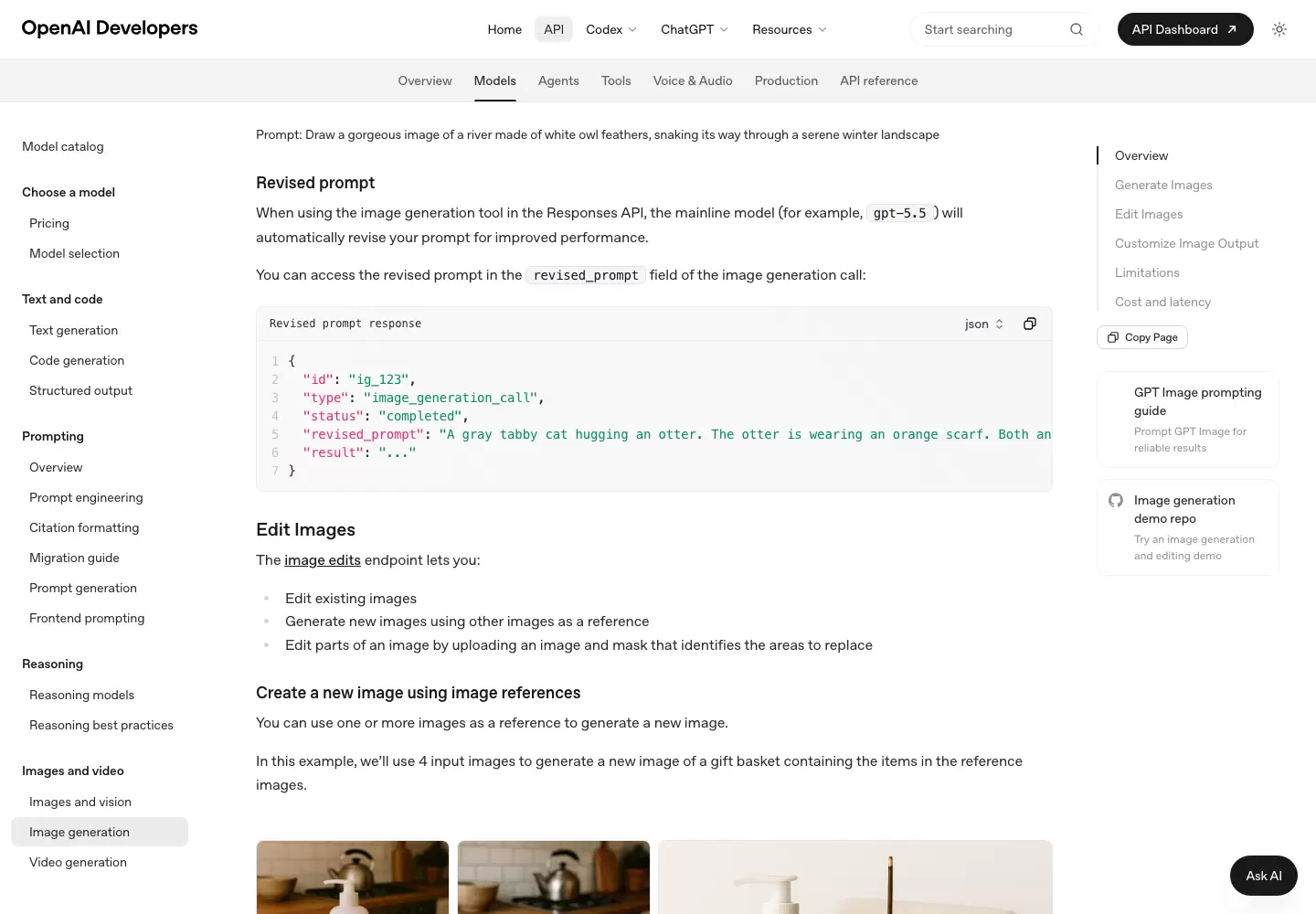 OpenAI 官方文档的 Edit Images 段落列出参考图生成和蒙版局部编辑能力