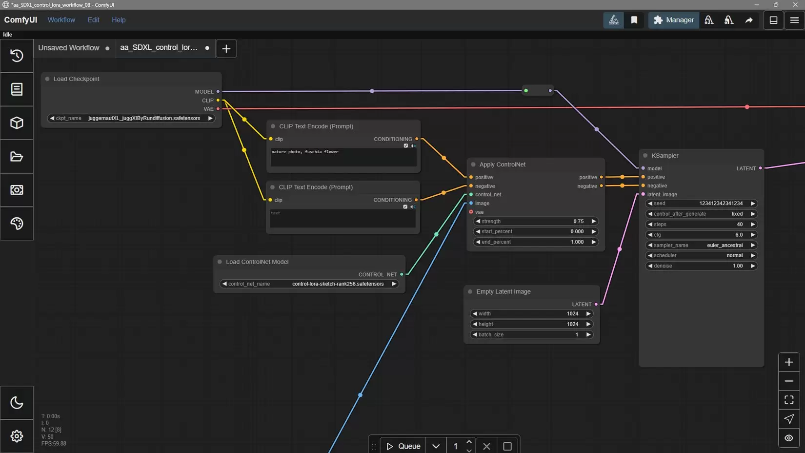 ComfyUI 工作流同时连接 checkpoint、ControlNet 和采样节点,展示基础模型与辅助模型的关系