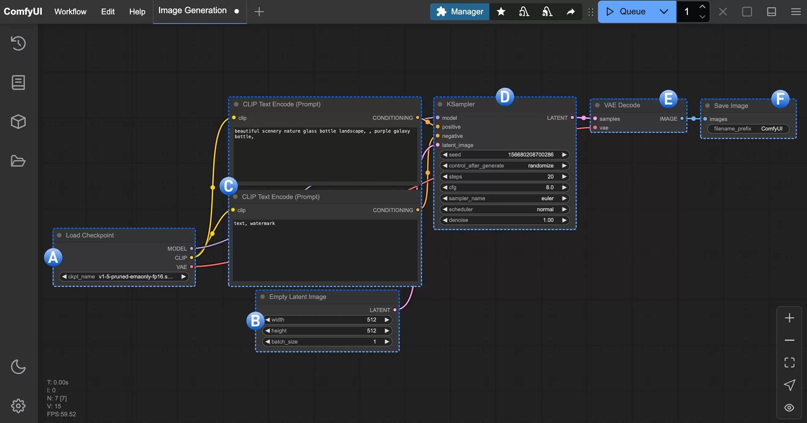 ComfyUI 文生图基础工作流中的 Load Checkpoint、提示词、KSampler、VAE Decode 和 Save Image 节点连接关系