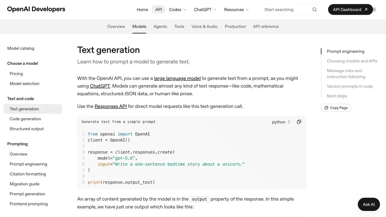OpenAI 文本生成官方页面的 Python 最小 Responses API 请求,显示 gpt-5.6、input 和 response.output_text