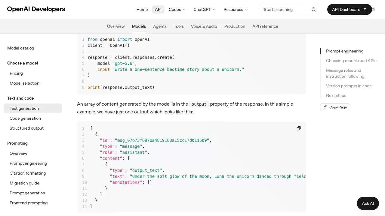 OpenAI 官方文本生成页面展示 Responses API 的 output 数组、message 类型与 output_text 内容