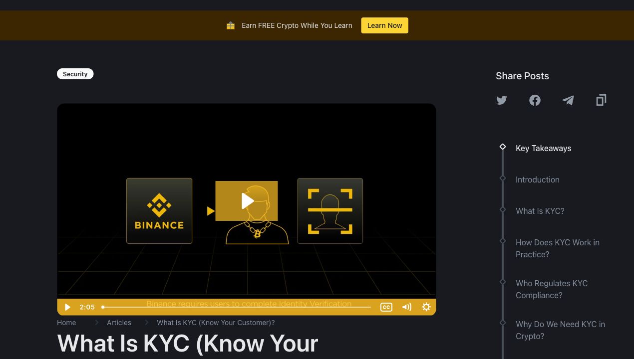 币安学院 KYC 身份认证页面，展示官方身份核验主题与流程入口