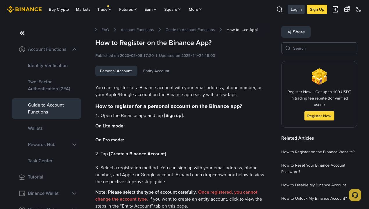 Binance官方注册帮助页显示邮箱手机号和Apple Google等注册方式