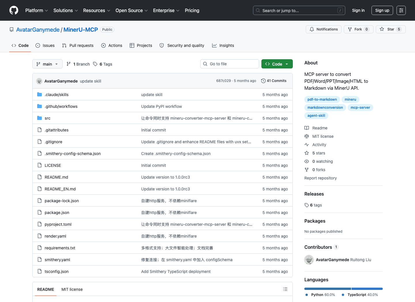 AvatarGanymede/MinerU-MCP GitHub 仓库首页截图,文件区显示 .claude skills、src、README.md、package.json、pyproject.toml、requirements.txt 和 render.yaml,右侧说明它是通过 MinerU API 将 PDF、Word、PPT、图片和 HTML 转为 Markdown 的 MCP server
