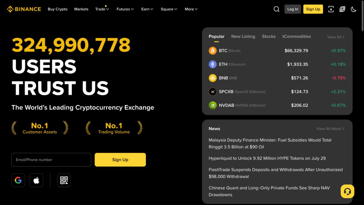 Binance 全球站英文首页显示 Buy Crypto、Markets、Trade、Futures、Earn 和 Square 菜单