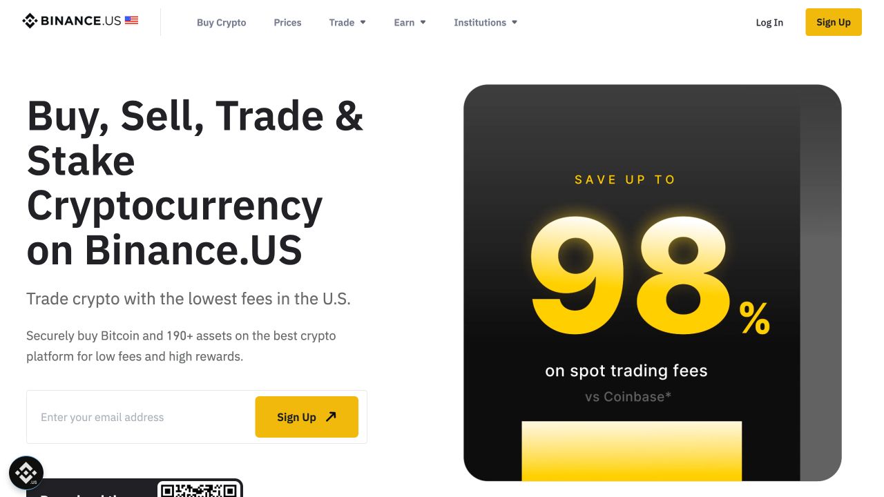Binance.US 首页显示独立品牌标识、binance.us 区域平台与美国市场说明