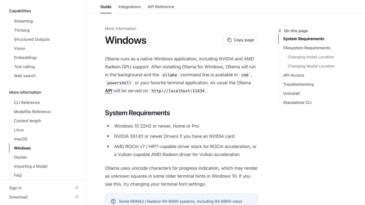 Ollama 官方 Windows 文档展示 Windows 版本要求和后台运行方式