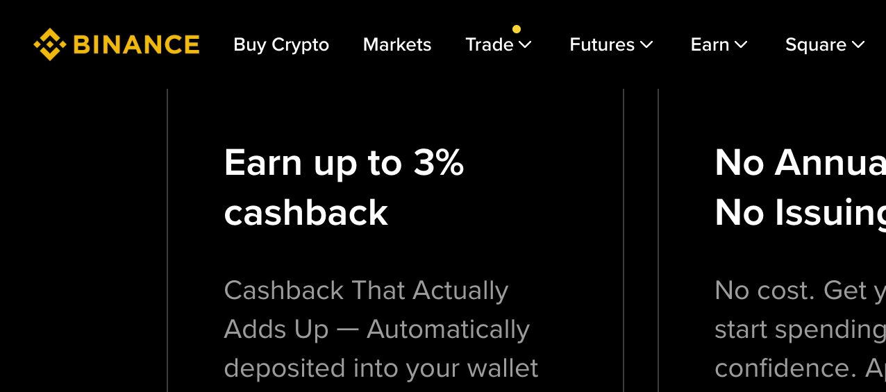 Binance Card页面列出返现、费用和安全权益
