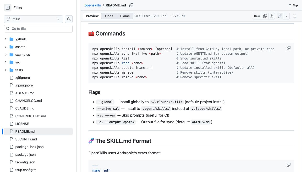 OpenSkills 官方 README 集中列出 install、sync、list、read、update、manage、remove 命令和作用域参数