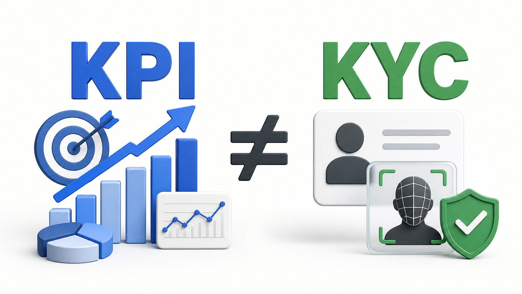 KPI 与 KYC 不相等的对照图:左侧是绩效目标和增长图表,右侧是身份卡、人脸核验和安全盾牌