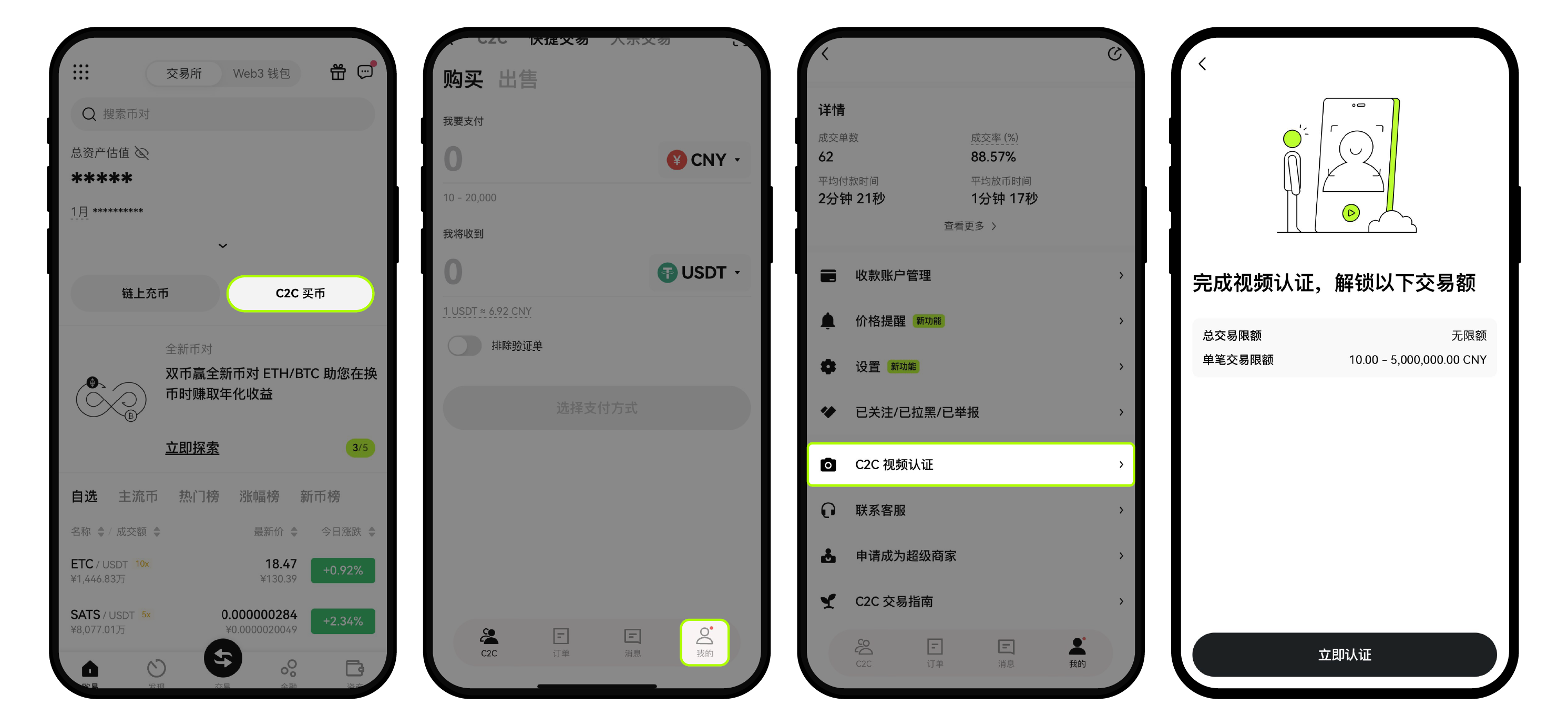 欧易C2C视频认证入口:C2C买币、我的、C2C视频认证和立即认证页面
