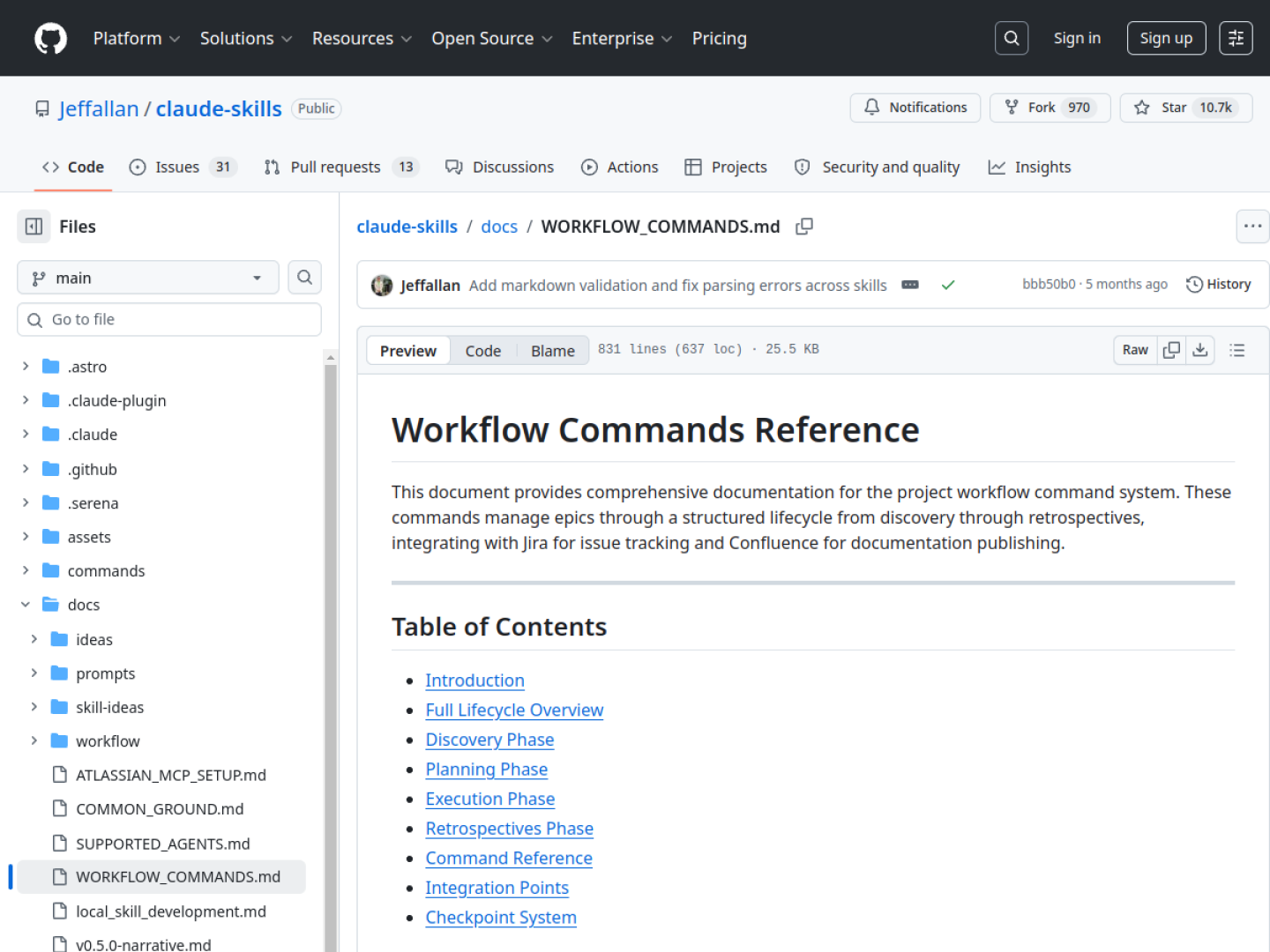 Workflow Commands 文档展示从发现、规划、执行到复盘的项目生命周期