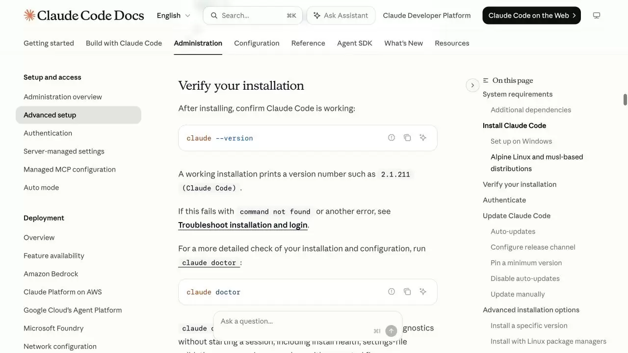 Claude Code Advanced setup 的验证区域，显示 claude --version 与 claude doctor 命令及成功说明