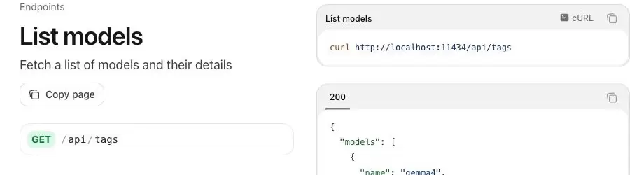Ollama API Reference 的 List models 页面，显示 GET /api/tags 和本机 curl 请求