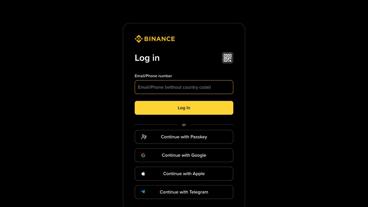 Binance 官方登录页显示邮箱手机号、Passkey及第三方登录选项