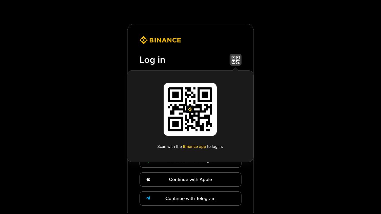 Binance 官方登录页展开二维码登录窗口,提示使用 Binance App 扫码完成登录