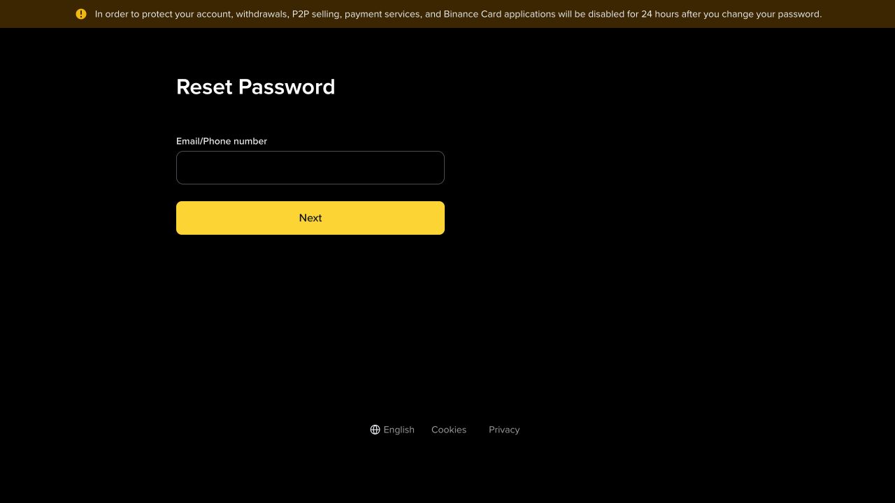 Binance 重置密码页顶部提示改密后提现、P2P 出售、支付服务和 Binance Card 申请暂停 24 小时
