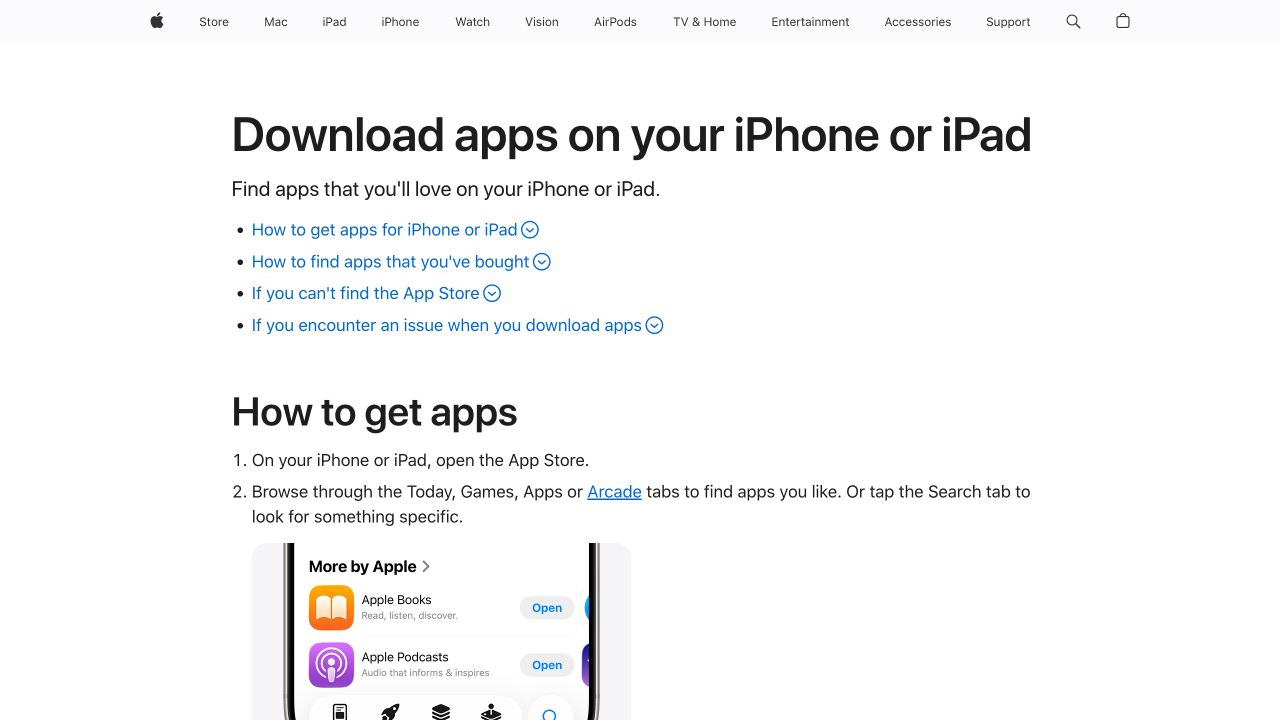 Apple 官方下载应用说明展示打开 App Store、进入搜索页并点击获取的操作顺序