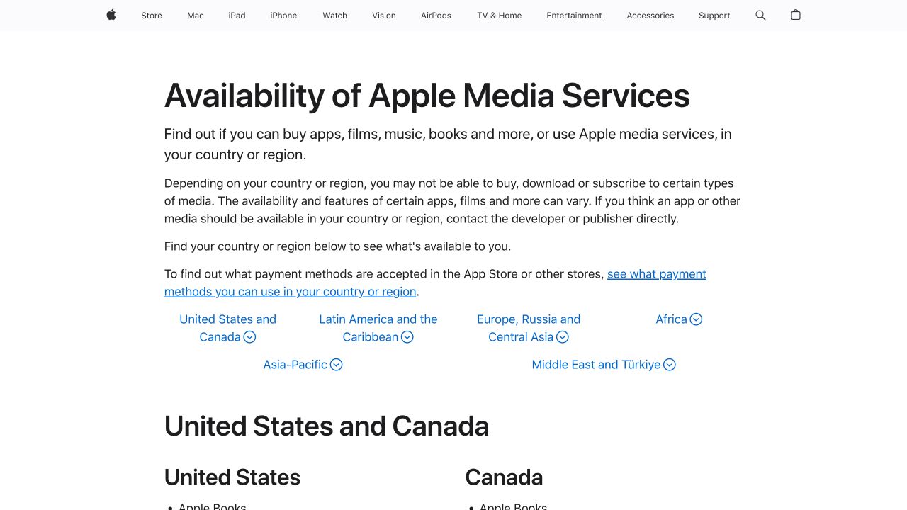 Apple 媒体服务可用性页面说明不同国家或地区可购买和下载的应用及功能可能不同