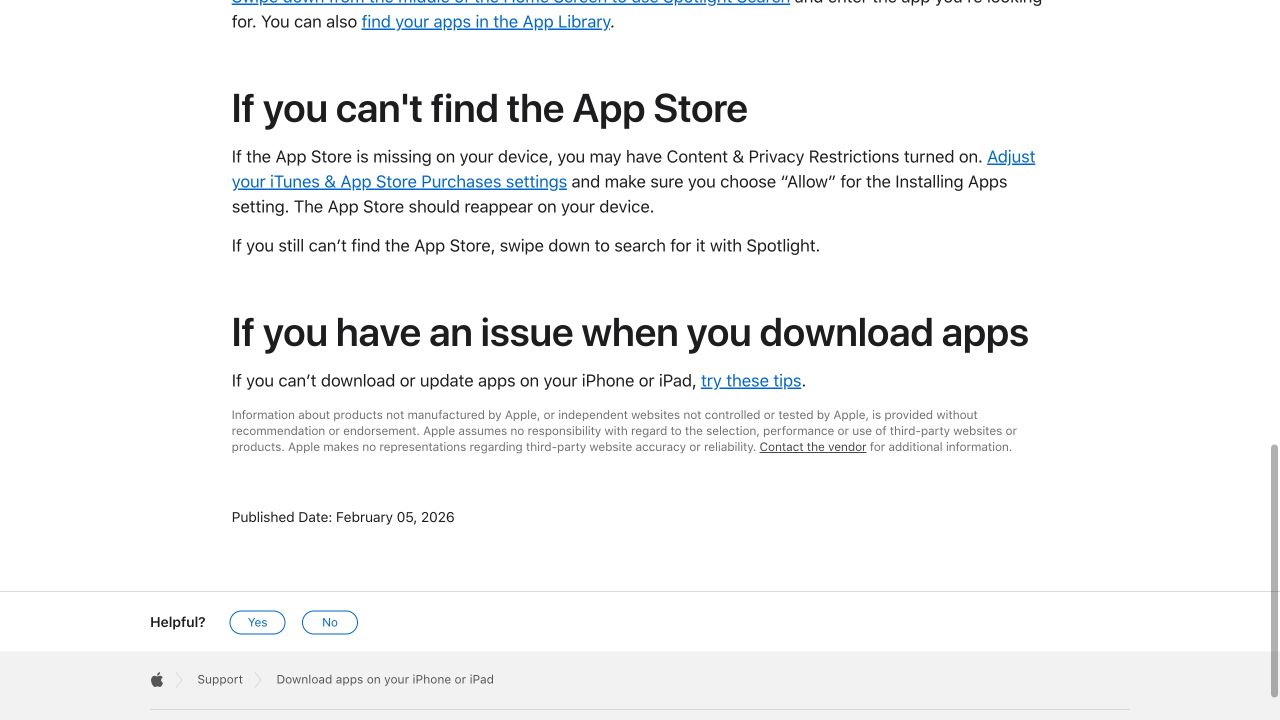 Apple 官方支持页面提示 App Store 缺失时检查内容与隐私限制，并把安装 App 设置为允许