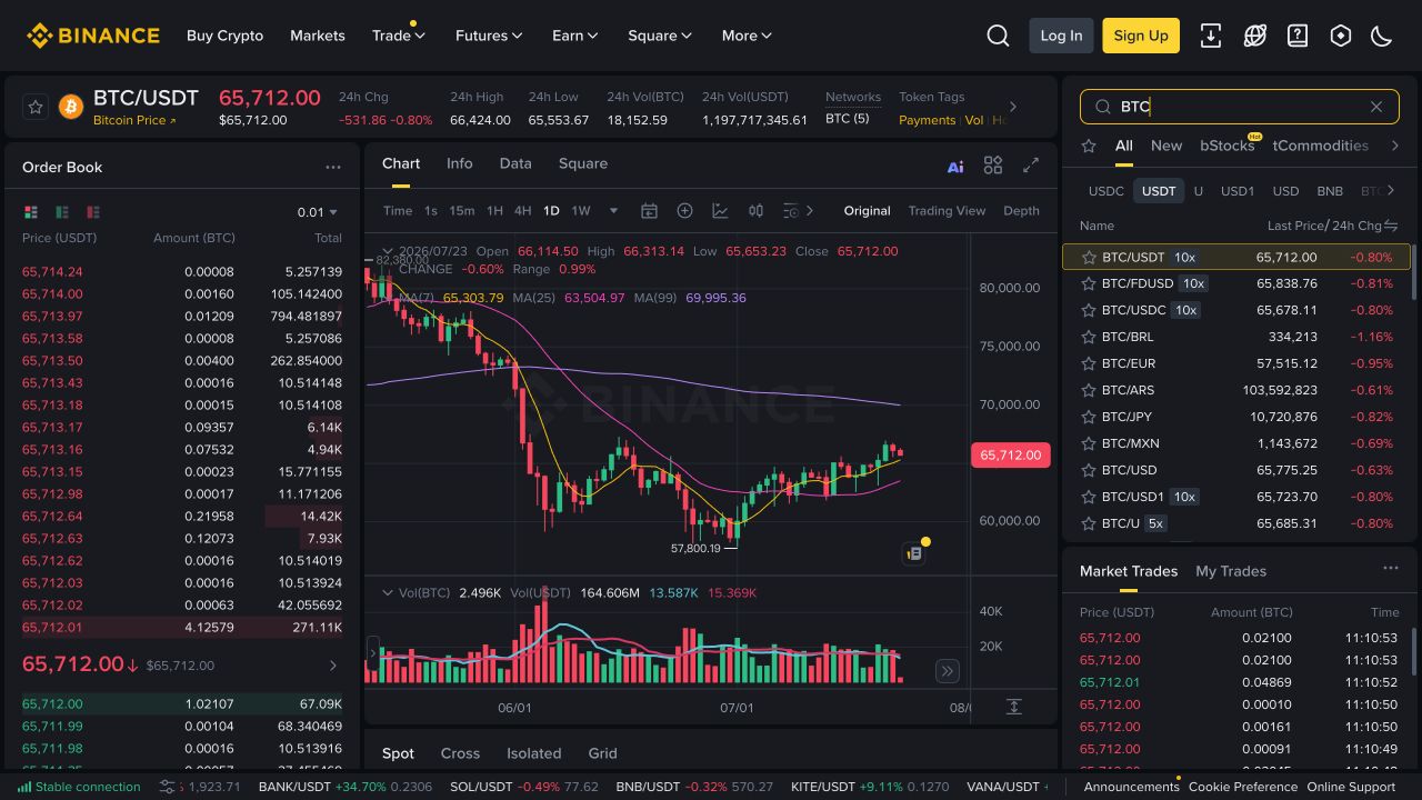 币安网页版现货交易界面，右侧搜索框输入BTC后显示BTC/USDT及其他BTC交易对