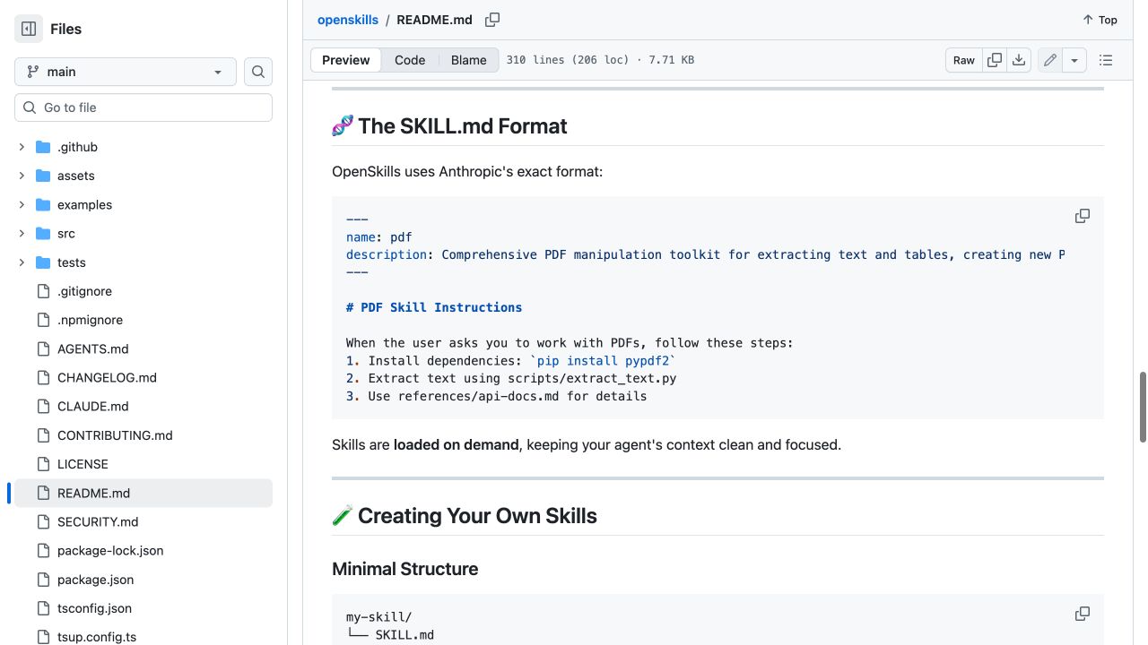 OpenSkills 官方 README 展示 SKILL.md 的名称、描述、执行指令和按需加载说明