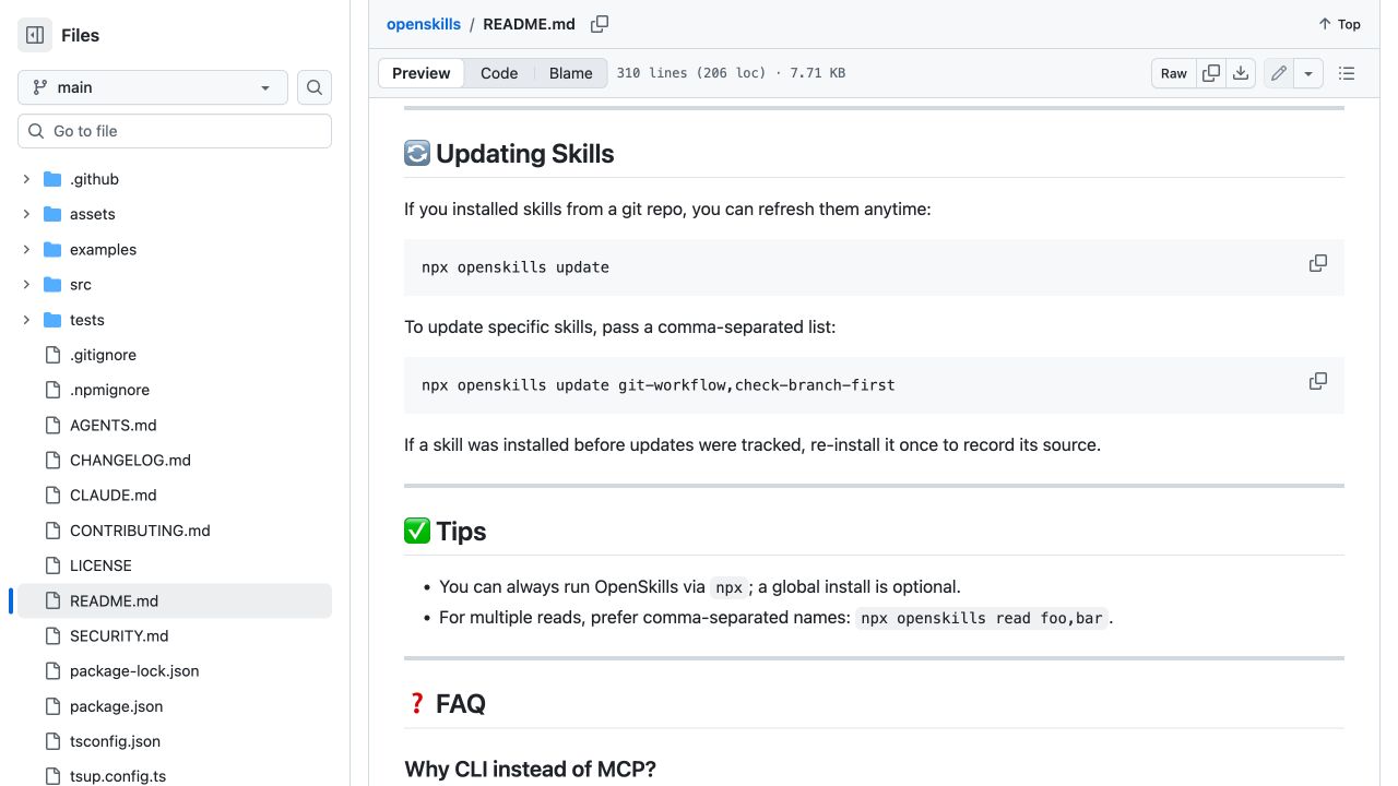 OpenSkills 官方 README 展示全部或指定技能的 update 命令以及旧安装需重装一次的提示