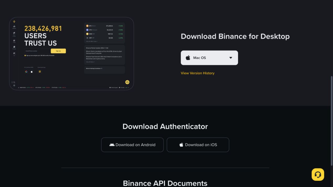 币安官方下载页在 Mac 电脑上显示 Download Binance for Desktop 和 Mac OS 选择框
