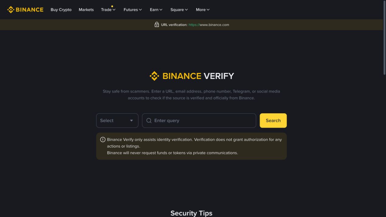 币安官方验证页面截图显示URL verification和币安官网域名