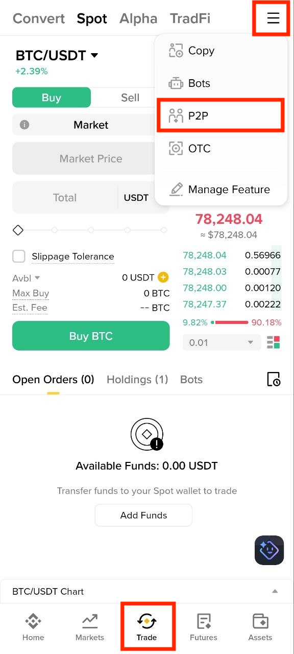 Binance App交易菜单中的P2P、跟单、机器人和OTC入口