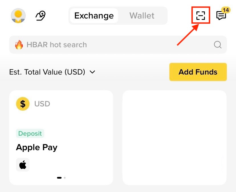 币安App首页右上角扫码图标被红框和箭头标出