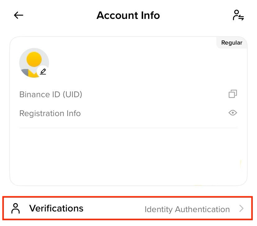 币安App Account Info页面显示UID、Registration Info和Verifications身份认证入口