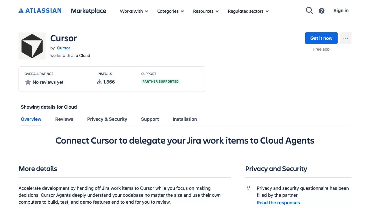 Atlassian Marketplace 的 Cursor 应用详情页与 Get it now 安装按钮