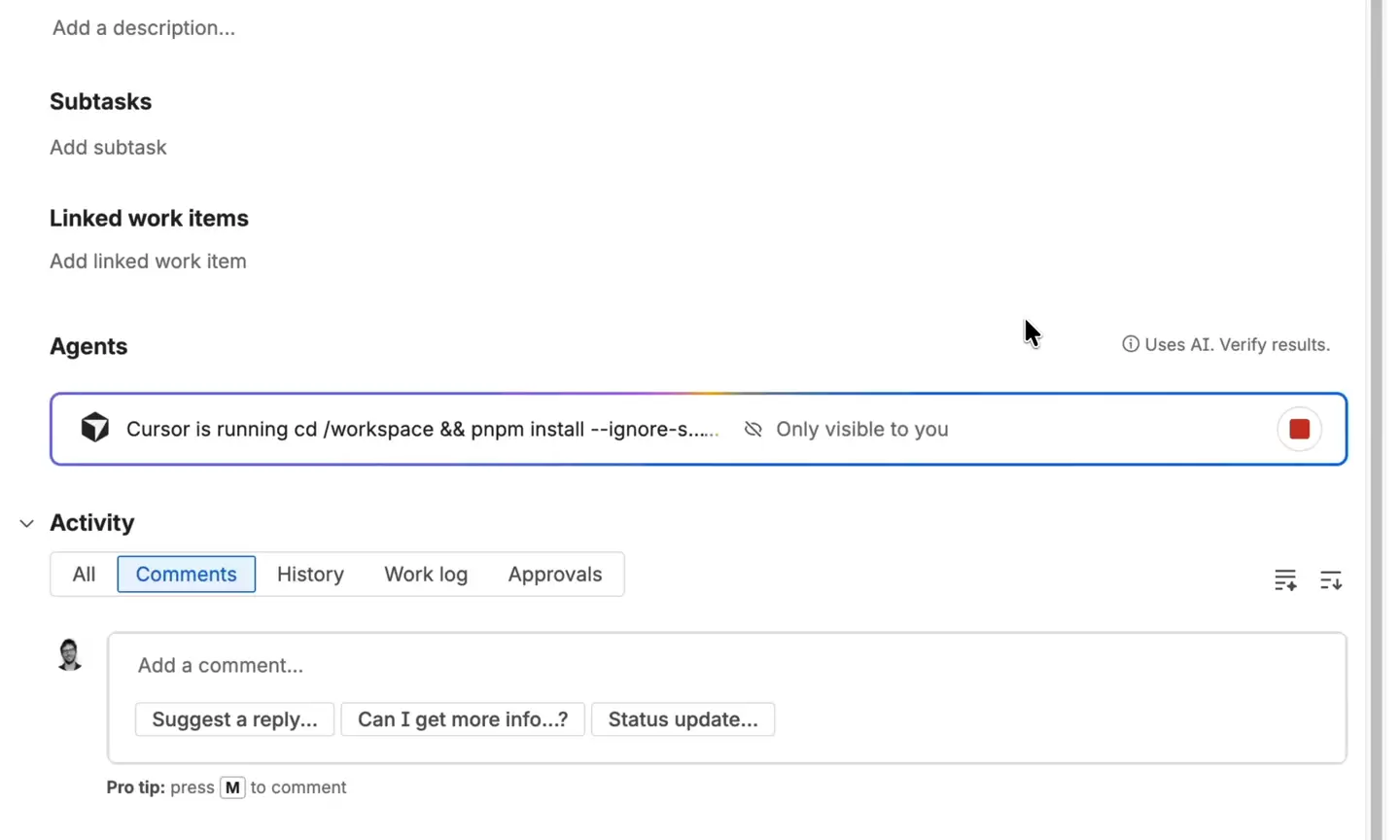 Jira 工作项的 Agents 区域显示 Cursor 正在执行命令