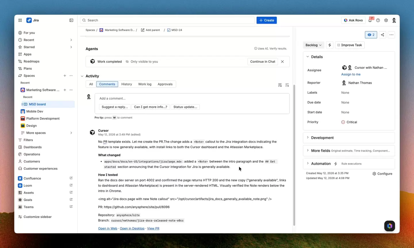 Jira 工作项显示 Cursor Work completed、变更摘要和 PR 链接