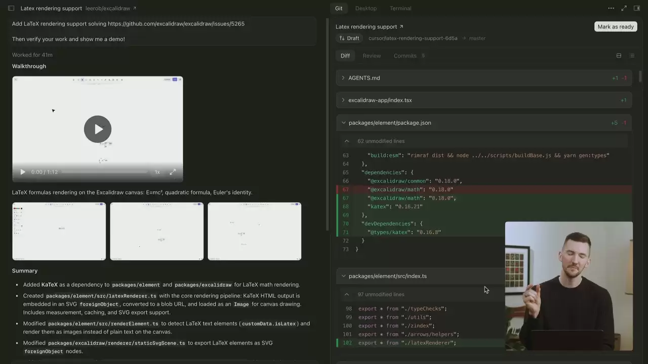 Cursor Cloud Agent 任务结果页中的 Walkthrough 演示、Diff 和 Mark as ready