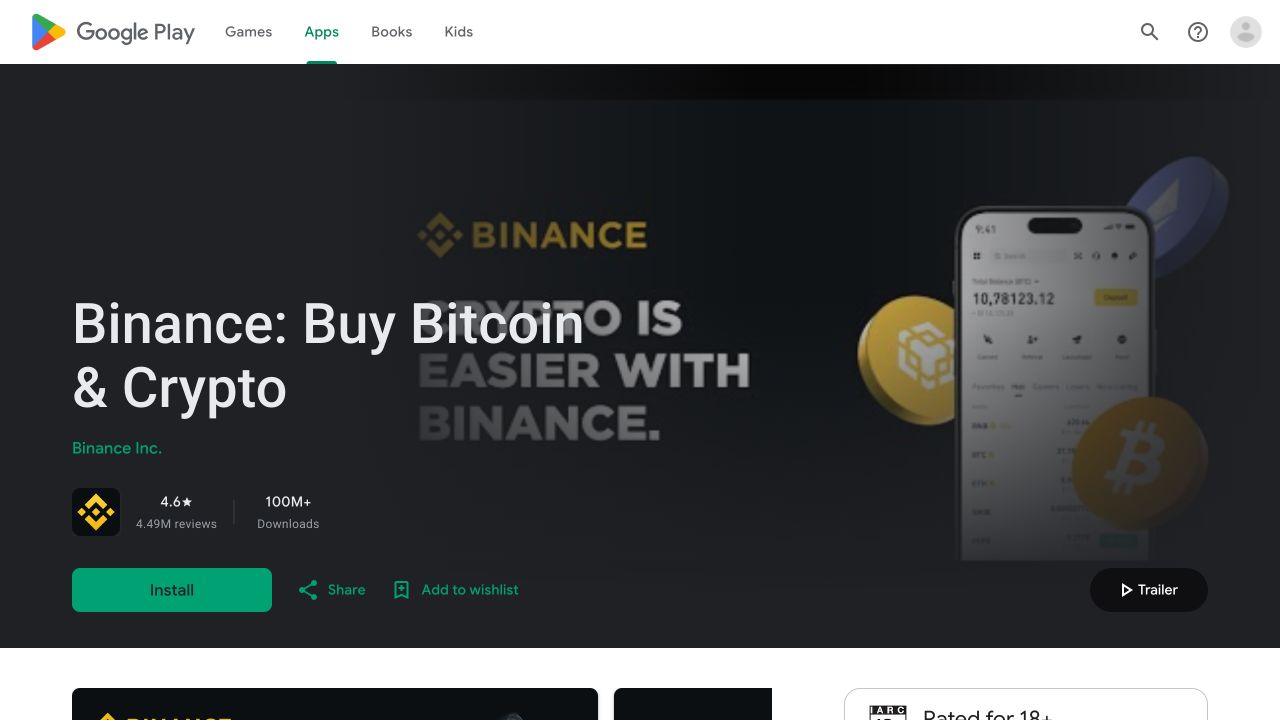 Google Play 币安应用页显示应用名称、开发者 Binance Inc.、下载量信息和 Install 按钮