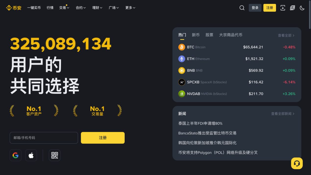 币安官网首页的顶部导航、登录注册入口和主页内容