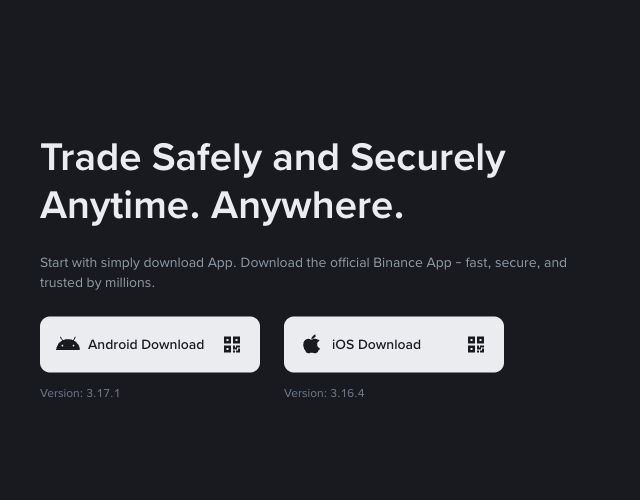 Binance 官方下载页中的 Android Download 与 iOS Download 按钮及当前版本号