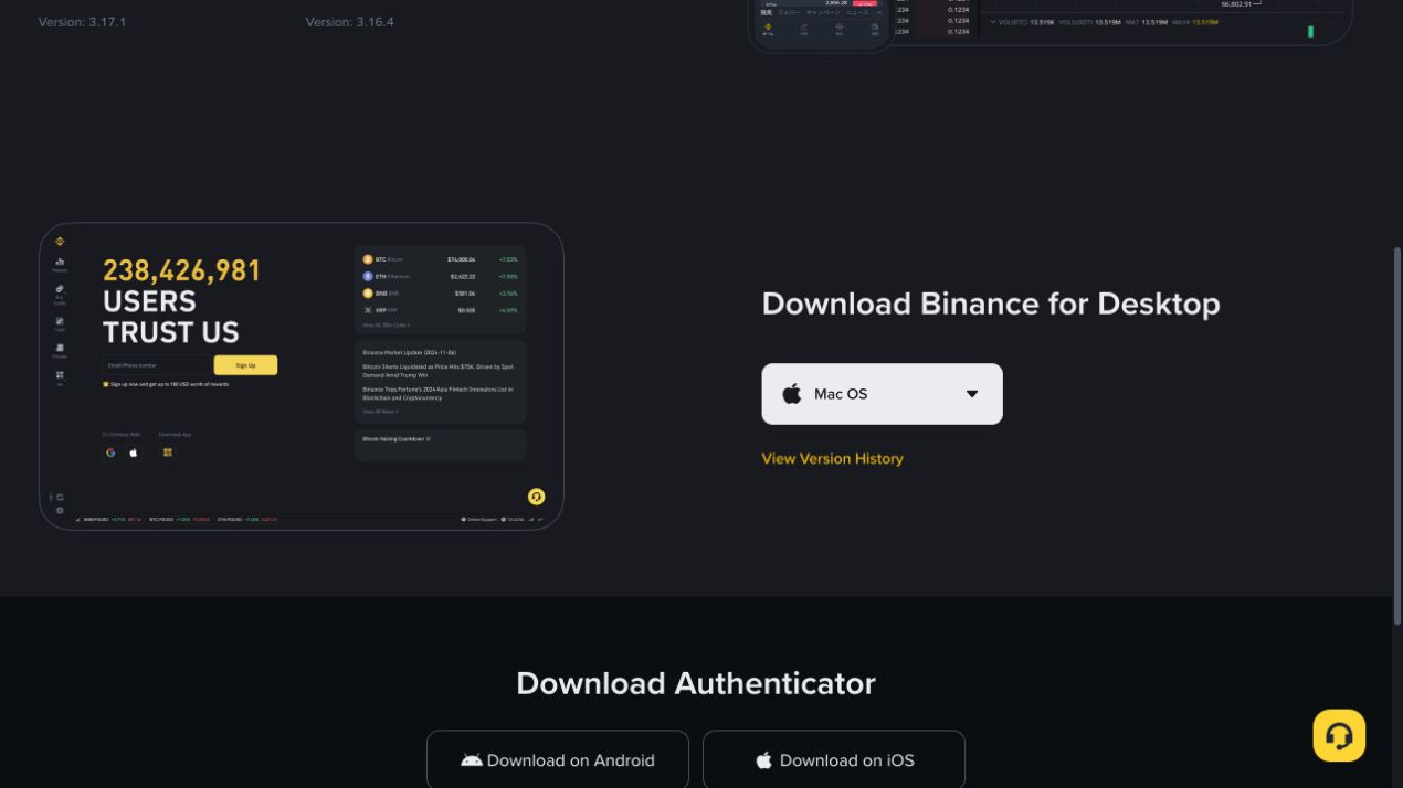 Binance 官方下载页的桌面端区域,显示 Mac OS 入口和 View Version History