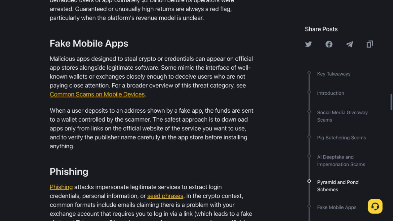 Binance Academy 关于 Fake Mobile Apps 的安全说明,提醒从官方网站链接下载并核对商店发布者