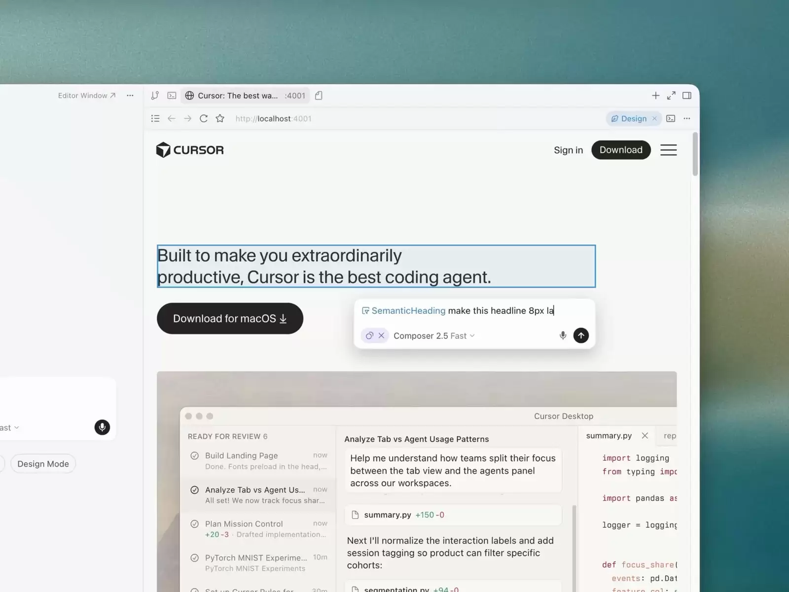 Cursor Design Mode 选中网页标题元素并在浮动提示框中输入修改要求