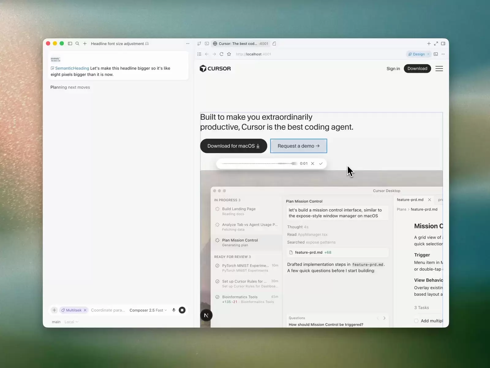 Cursor Design Mode 同时框选标题和按钮区域,并显示语音输入波形